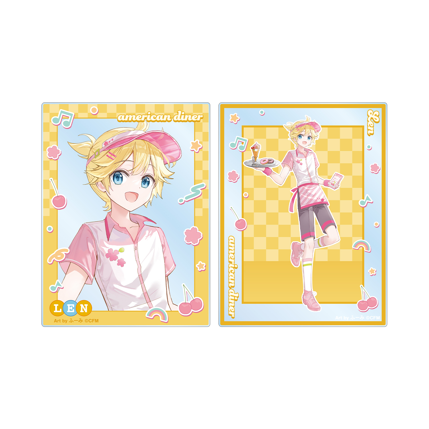 桜ミク 描き下ろし 鏡音レン アメリカンダイナーver. Art by ふーみ アクリルカード2枚セット
